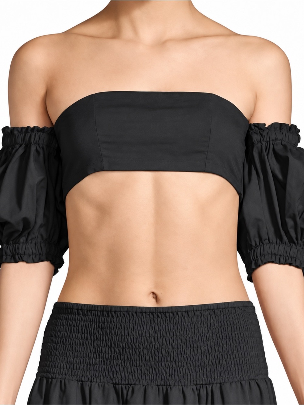 WeWoreWhat Smocked-Back Puff-Sleeve Crop Top in black
